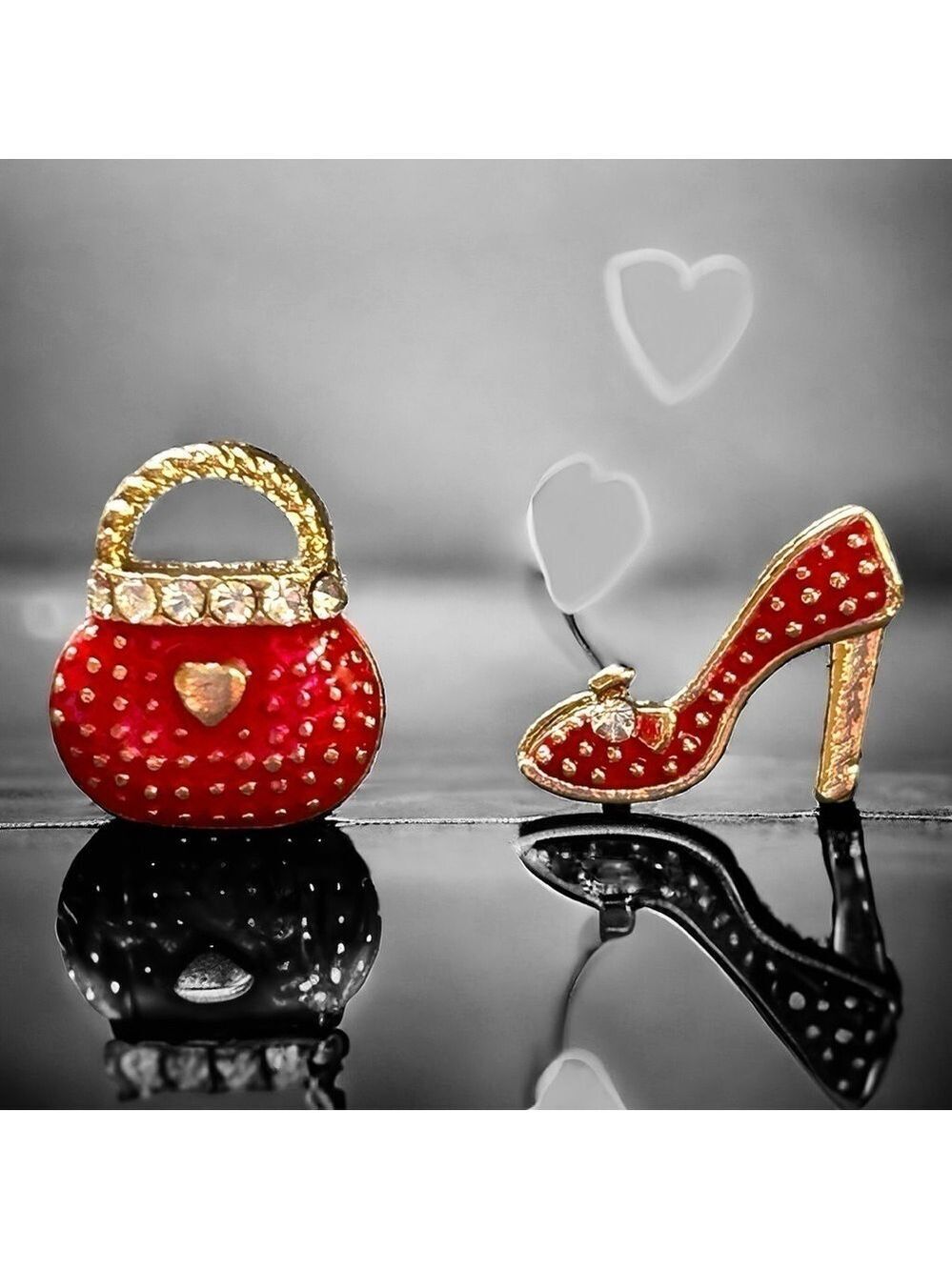 Red Rhinestones High Heel & Purse Earrings